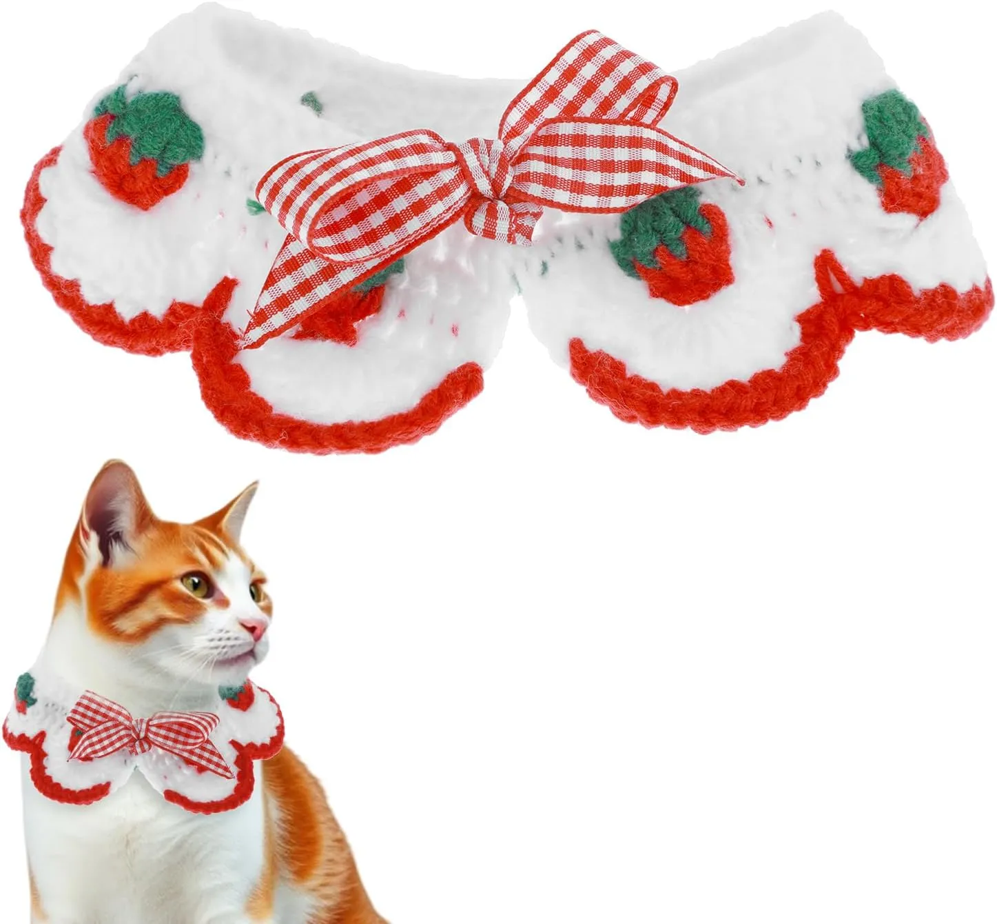 1 PCS Strawberry Dog Collar Cat Crochet Collar Kitten Cute Cat Strawberry Collars Crochet Pet Scarf Knitted Handmade Knitting Breakaway Kitten Collars Adjustable Knitted for Girl Cats Puppies (Red)