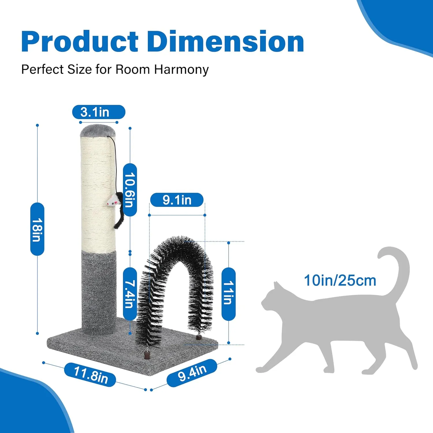 18 Inch Cat Scratching Post Pad with Self Groomer & Dangling Ball, Indoor Scratcher for Kittens & Cats, Protect Furniture
