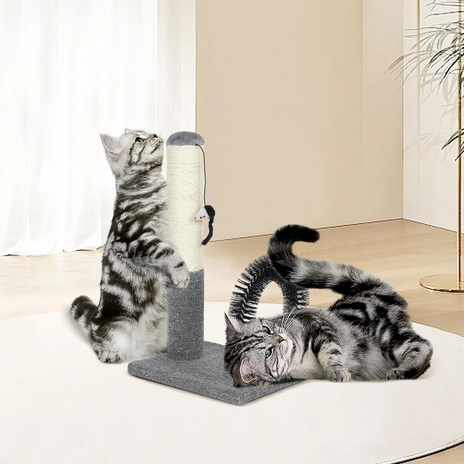 18 Inch Cat Scratching Post Pad with Self Groomer & Dangling Ball, Indoor Scratcher for Kittens & Cats, Protect Furniture