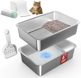 19.7''x13.7''x6'' Stainless Steel Litter Box, Open Top Sifting Litter Box for Pine Pellets, Metal Litter Pan Tray System with Scoop and Pee Pad, Odor Control, Low Dust, Easy Cleaning