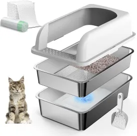 19.7''x13.8''x5.9'', Stainless Steel Litter Box with Lid, Sifting Cat Litter Box for Pine Pellets, High Sides Metal Litter Pan for High Peeing Cats, Anti-Leakage, Easy Cleaning, Less Tracking