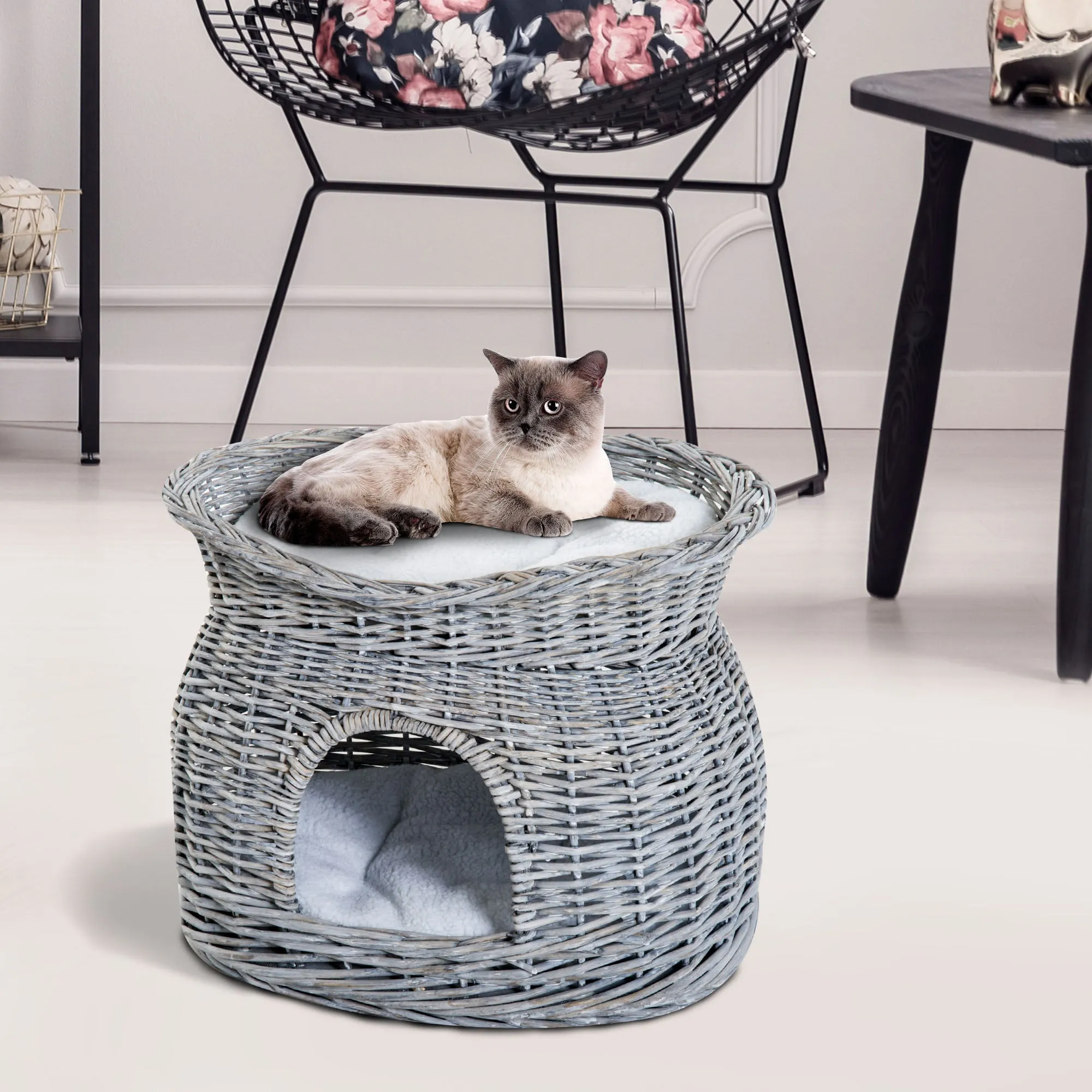 2-Tier Elevated Cat Bed Basket W/Cushion-Grey