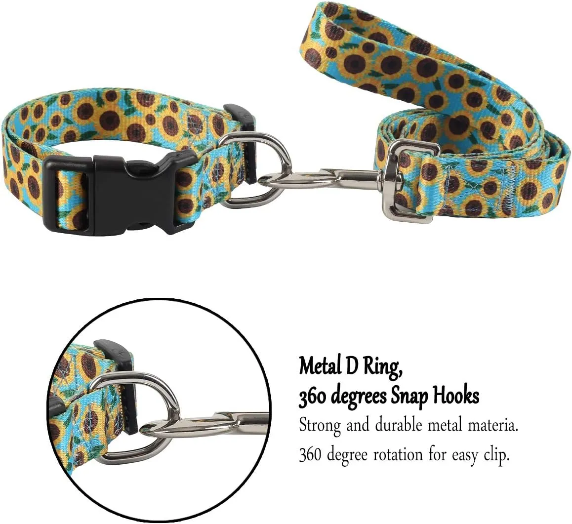2PCS Sunflower Dog Collars and Pet Floral Leash Set Puppy Adjustable Collars for Small Medium Large Dogs Boys Girls (X-Large)