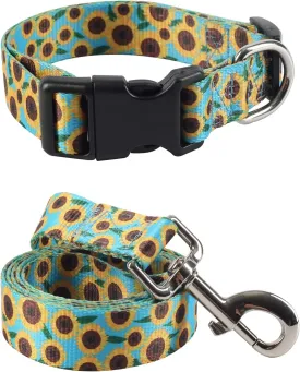 2PCS Sunflower Dog Collars and Pet Floral Leash Set Puppy Adjustable Collars for Small Medium Large Dogs Boys Girls (X-Large)