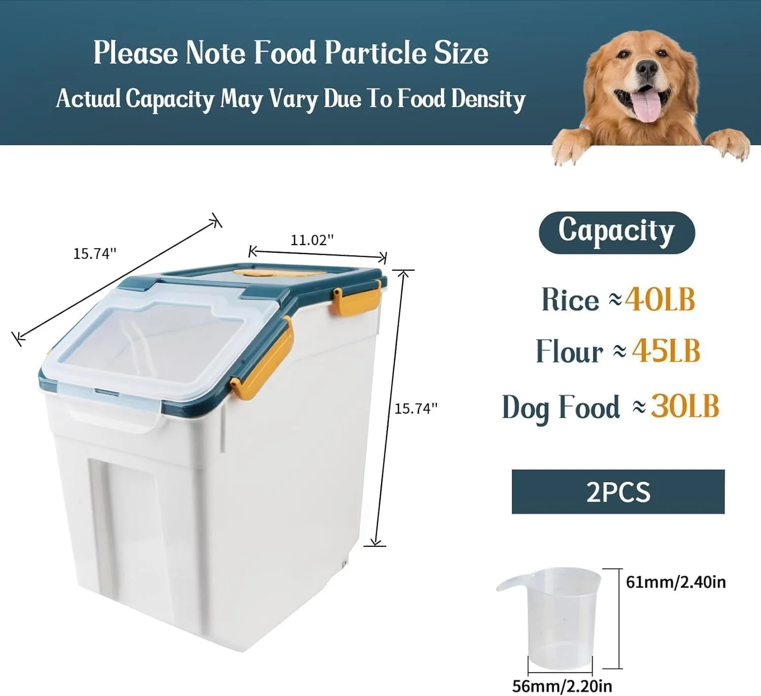 50lb Flour Storage Container with Lid, 2 Pack Large Airtight Rice Storage Container with Wheels, Measuring Cup, Scoop, for Sugar Grain Cereal Dry Food, Rice Dispenser, Pantry Organization (Dark Blue)