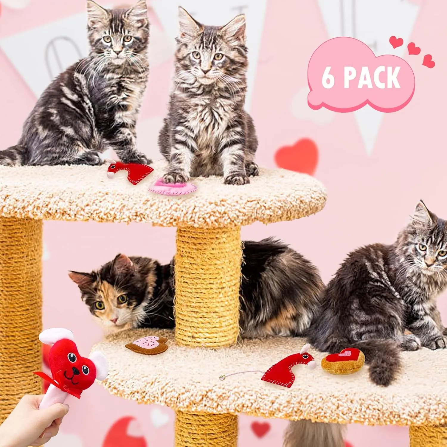 6 Pack Valentine's Day Cat Toys, Catnip Toys with Bells, Heart Shape Valentines Day Gifts for Indoor Cats & Kitten & Kitty