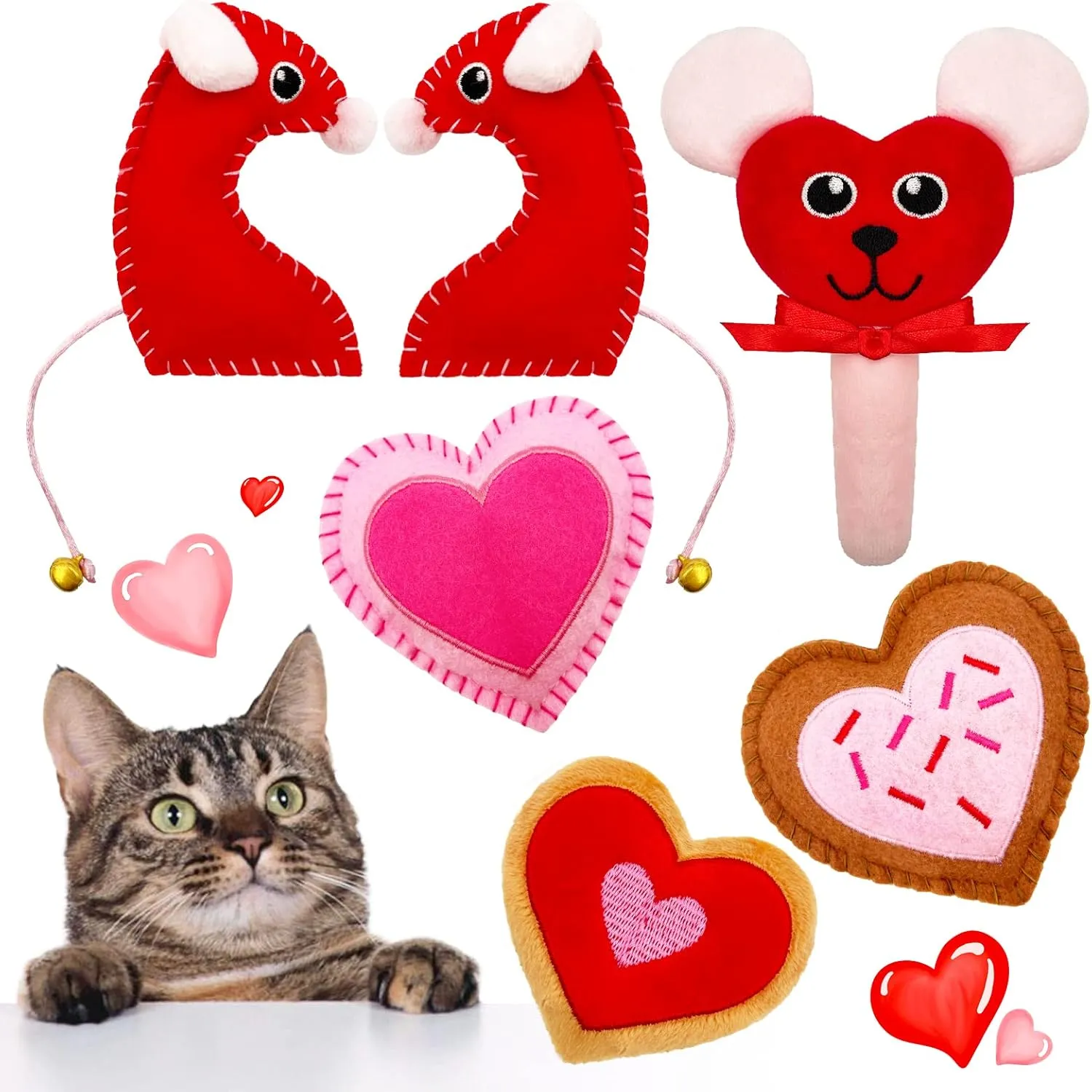 6 Pack Valentine's Day Cat Toys, Catnip Toys with Bells, Heart Shape Valentines Day Gifts for Indoor Cats & Kitten & Kitty