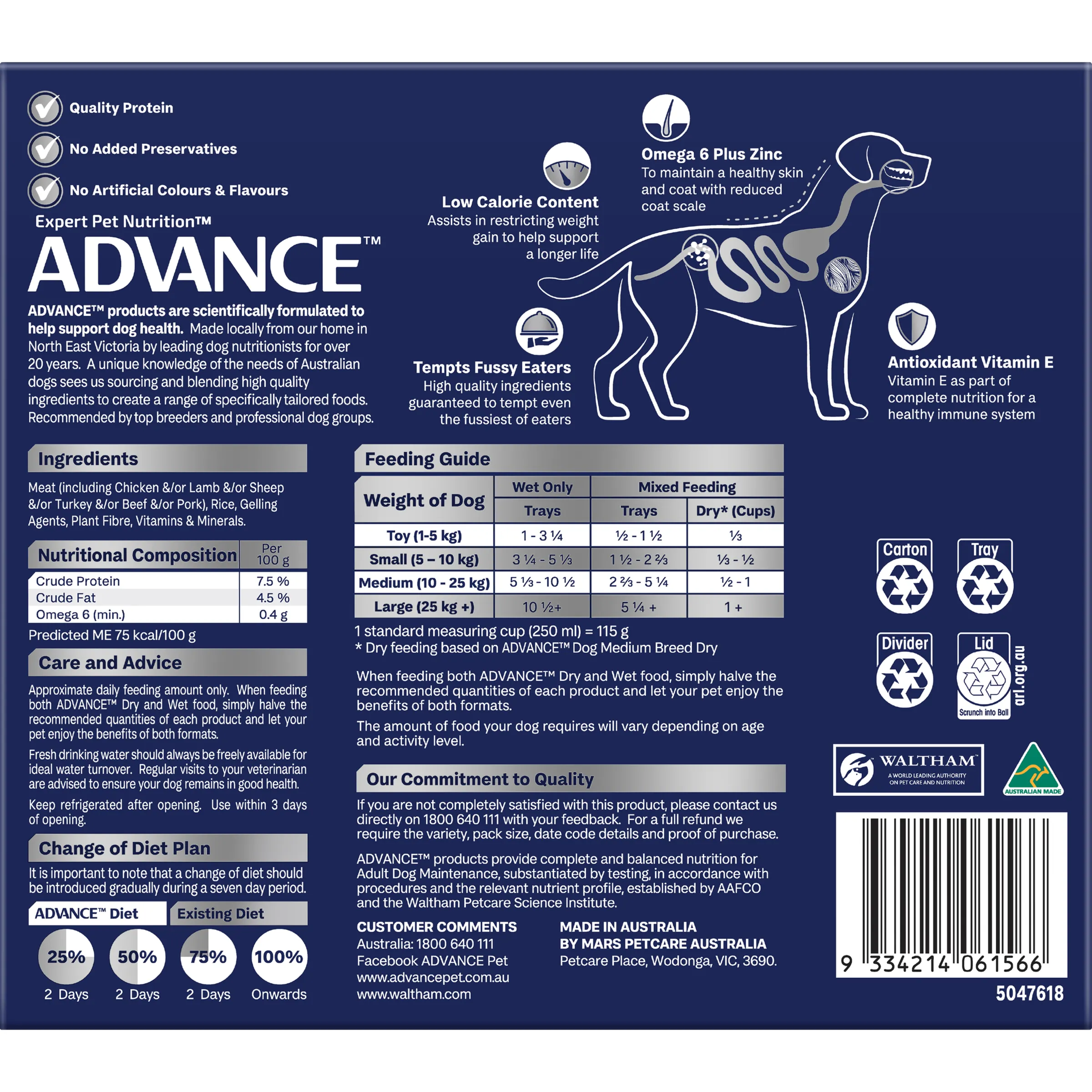 Advance Turkey And Rice Healthy Weight All Breed Adult Wet Dog Food Trays 100g x 12
