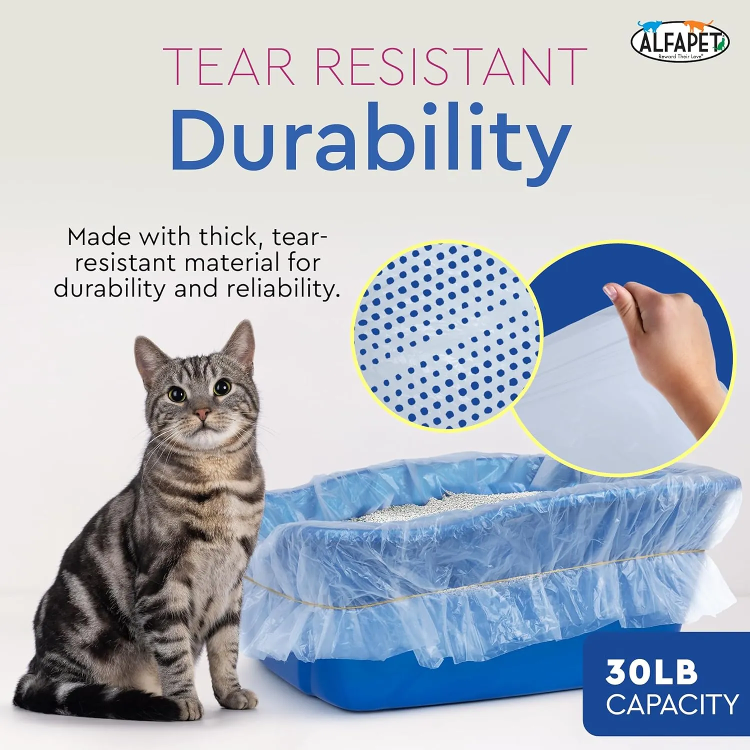 Alfapet Original Sifting Cat Litter Box Liners - Extra Giant 30 Count - Tear-Resistant Cat Litter Bags - Waterproof Kitty Litter Liners - Fits Almost All Litterbox Pan Sizes, 40" x 38", 30 lb Capacity