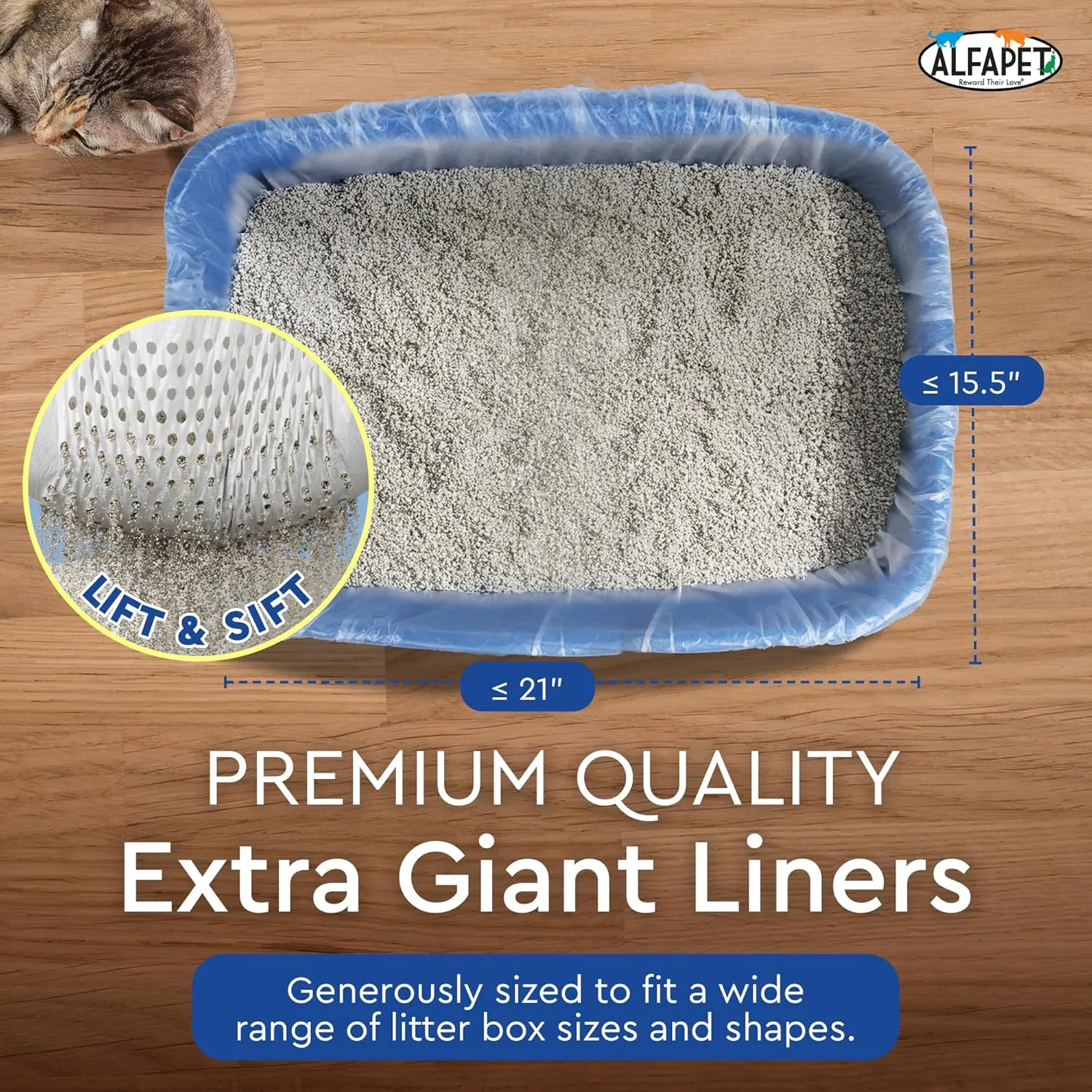 Alfapet Original Sifting Cat Litter Box Liners - Extra Giant 30 Count - Tear-Resistant Cat Litter Bags - Waterproof Kitty Litter Liners - Fits Almost All Litterbox Pan Sizes, 40" x 38", 30 lb Capacity