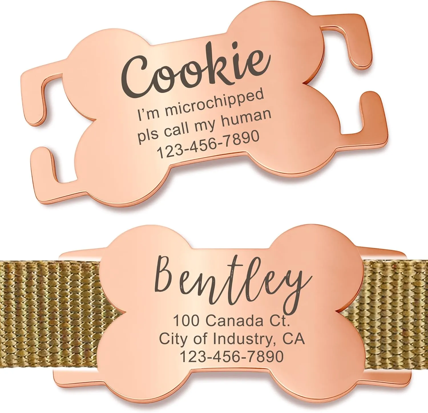 Anavia Bone Shape Slide On Silent Pet ID Tags, S/M/L/XL Gold Black Personalized Engraved Cat Dog Name Tags, Glossy Finish Stainless Steel Chew-Proof Quiet Dog Collar Tag