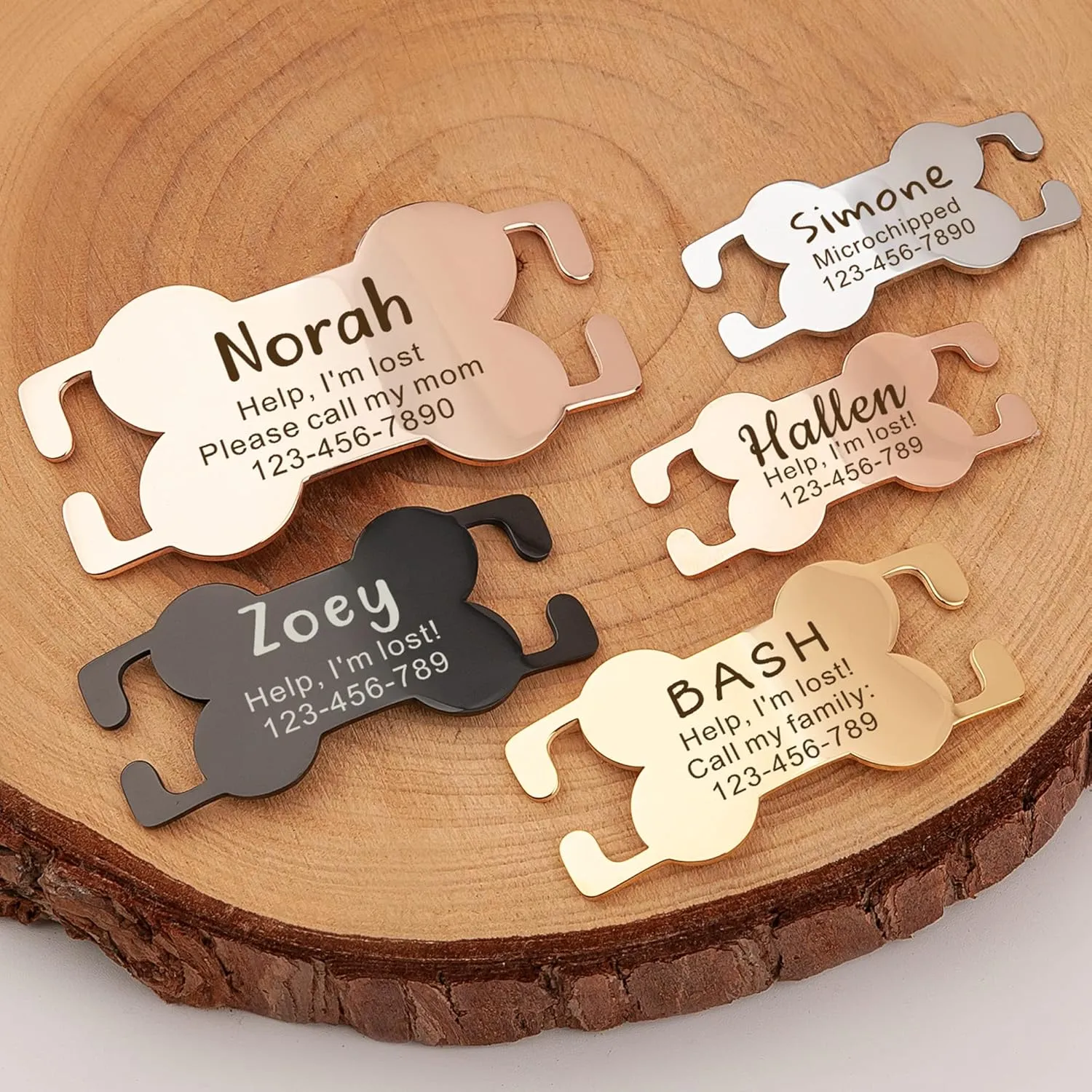 Anavia Bone Shape Slide On Silent Pet ID Tags, S/M/L/XL Gold Black Personalized Engraved Cat Dog Name Tags, Glossy Finish Stainless Steel Chew-Proof Quiet Dog Collar Tag