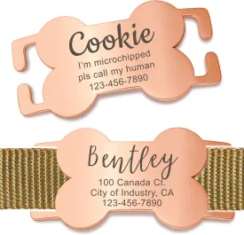 Anavia Bone Shape Slide On Silent Pet ID Tags, S/M/L/XL Gold Black Personalized Engraved Cat Dog Name Tags, Glossy Finish Stainless Steel Chew-Proof Quiet Dog Collar Tag