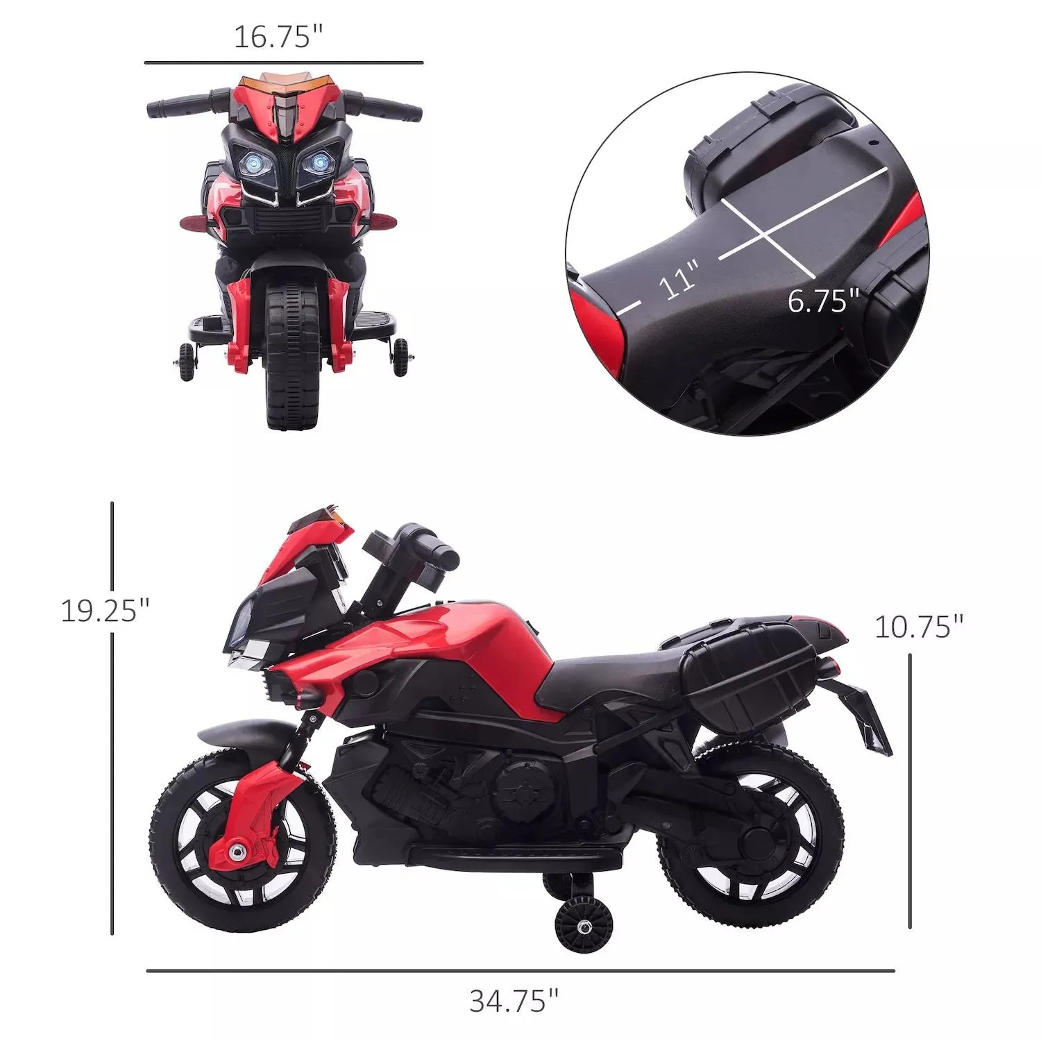 Aosom 6V Children's Motorcycle, Dirt Bike, Electric Battery toy off-road street bike with rechargeable battery pedal lights and training wheels, red Aosom, red