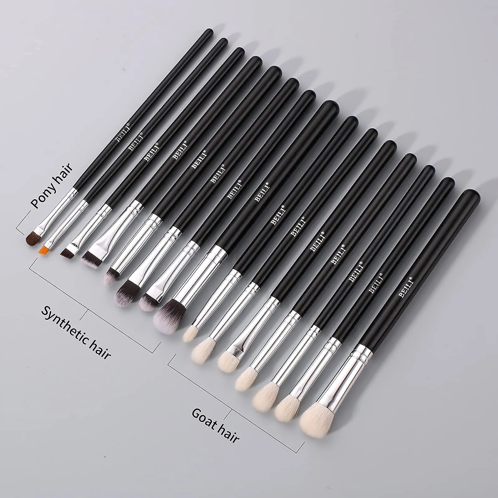 BEILI Professional Eye Makeup Brush Set,15 Pieces Synthetic and Natural Hair Eyeshadow Eyeliner Eyebrow Blending Concealer Make up Brushes (Black/Silver)