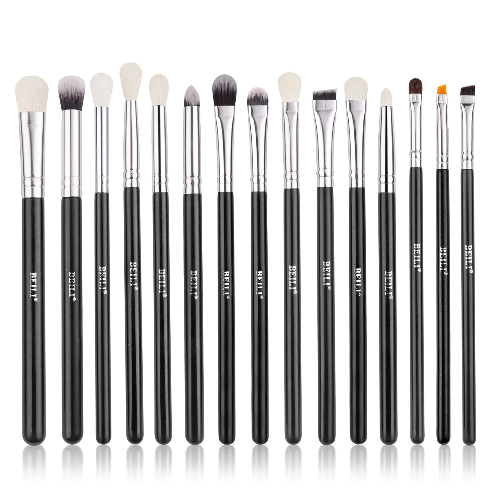 BEILI Professional Eye Makeup Brush Set,15 Pieces Synthetic and Natural Hair Eyeshadow Eyeliner Eyebrow Blending Concealer Make up Brushes (Black/Silver)