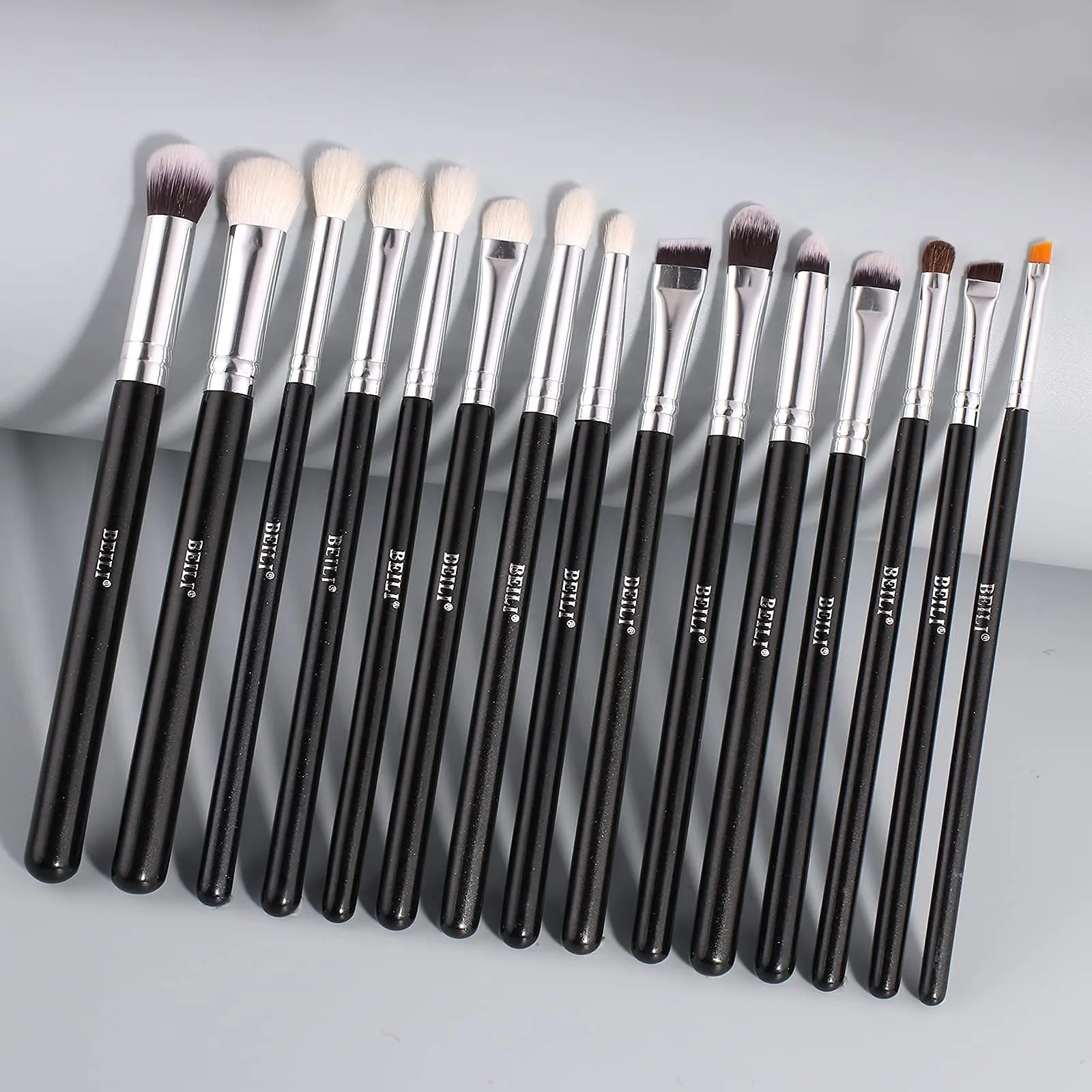 BEILI Professional Eye Makeup Brush Set,15 Pieces Synthetic and Natural Hair Eyeshadow Eyeliner Eyebrow Blending Concealer Make up Brushes (Black/Silver)