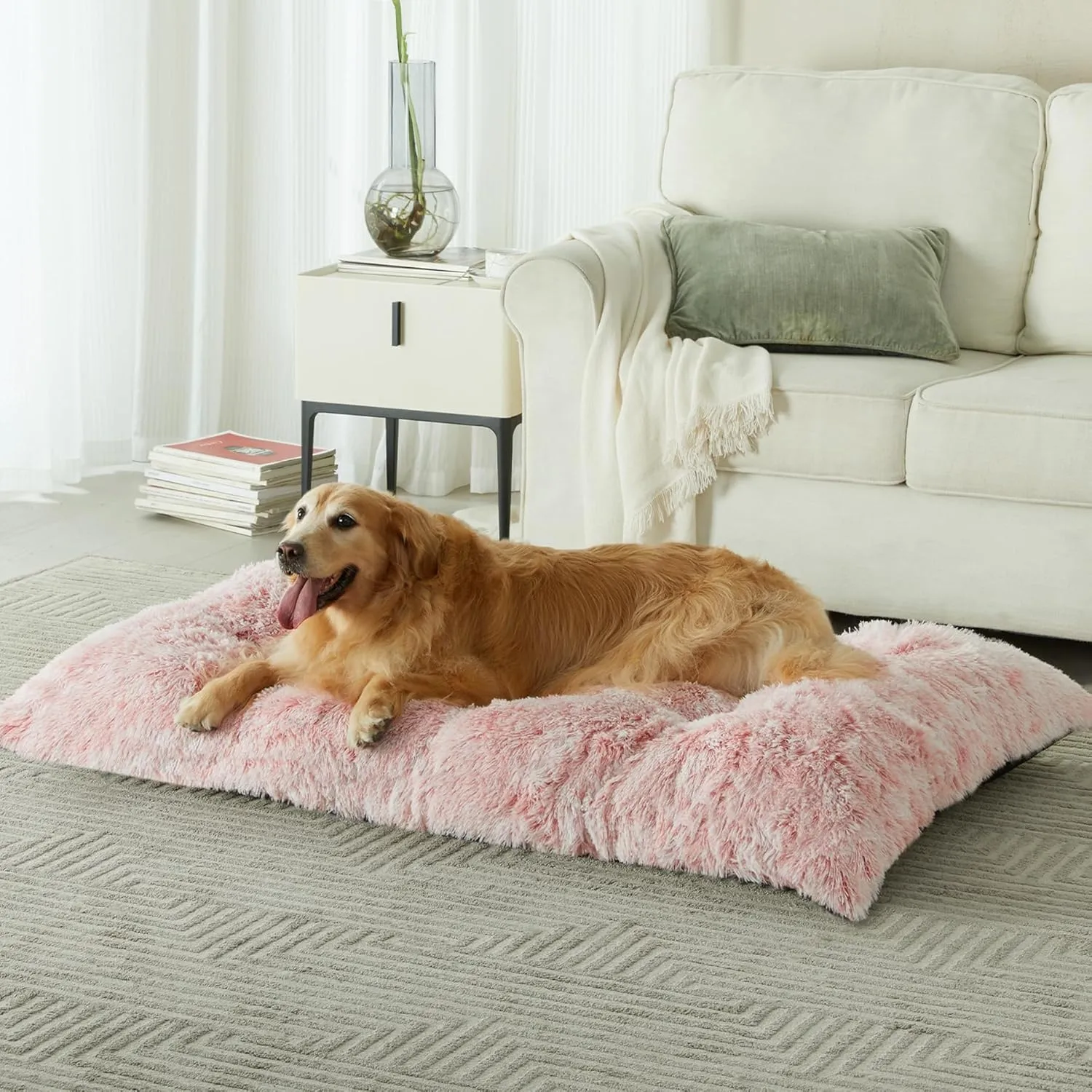 BFPETHOME Dog Beds for Large Dogs, Plush Kennel Pad - Fluffy Cozy &Ease Anxiety, Washable Dog Mats with Anti-Slip, 42(41 x 27 inch), Pink
