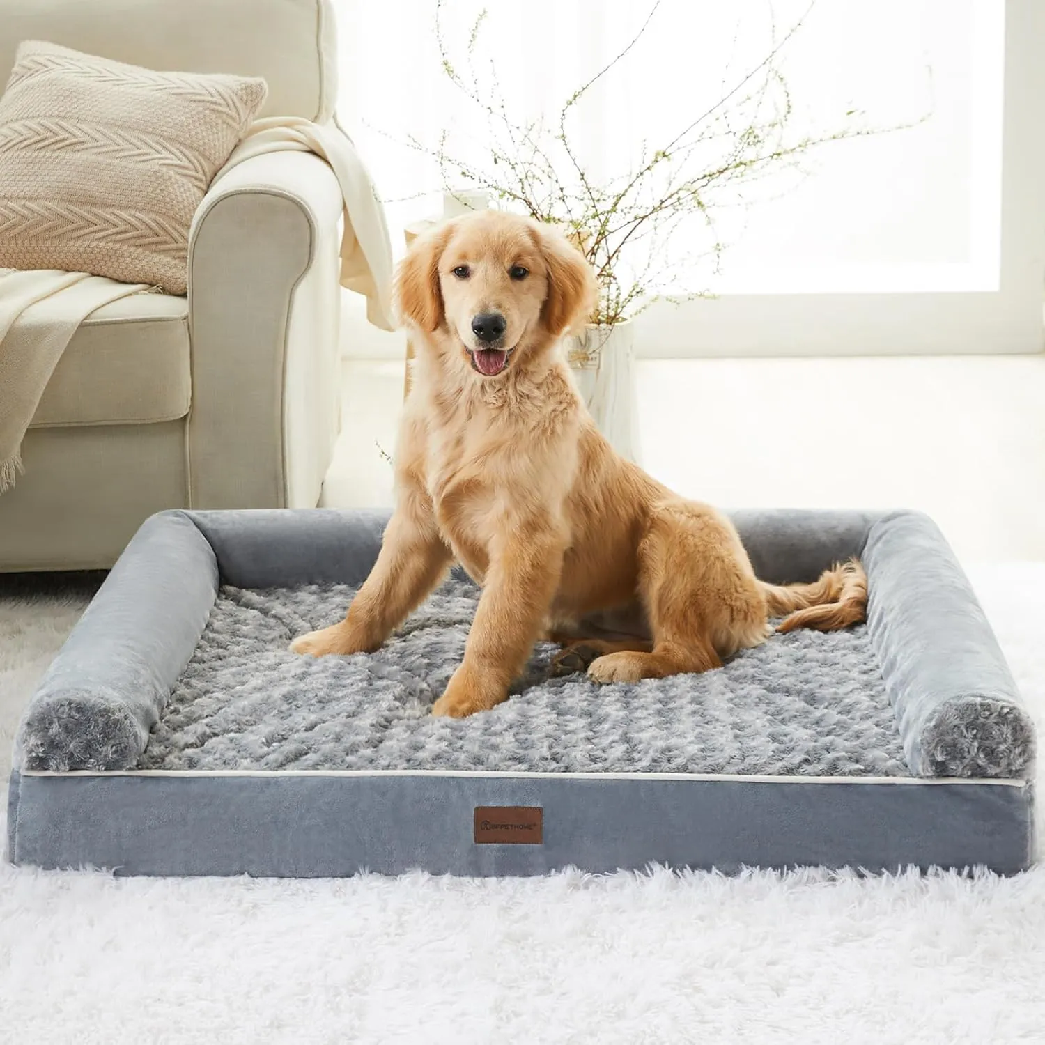 BFPETHOME Orthopedic Dog Bed Extra Large Big Pet Couch Sofa Bed with Removable Washable Waterproof Cover for Medium Large Jumbo Dogs Sleeping, Gray