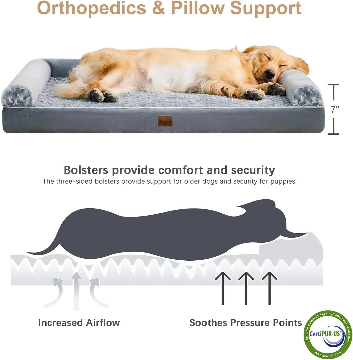 BFPETHOME Orthopedic Dog Bed Extra Large Big Pet Couch Sofa Bed with Removable Washable Waterproof Cover for Medium Large Jumbo Dogs Sleeping, Gray