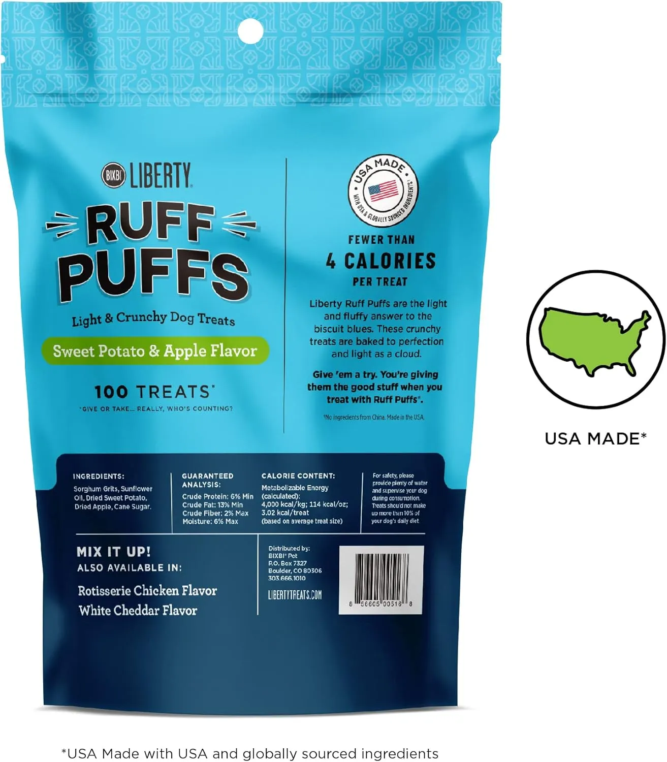 BIXBI Liberty Ruff Puffs, Sweet Potato And Apple 4 oz - Crunchy Small Training Treats for Dogs - Wheat Free and Low Calorie Dog Treats, Flavorful Healthy and All Natural Dog Treats