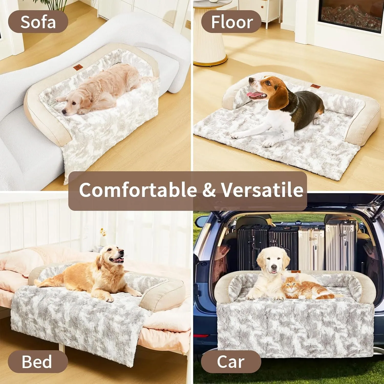 Calming Dog Couch Bed Mat, 35x31 Inch Waterproof Fluffy Sofa Cover, Furniture Protector with Handle, Removable and Washable Pet Bed for Small Medium Dogs and Cats (Beige)