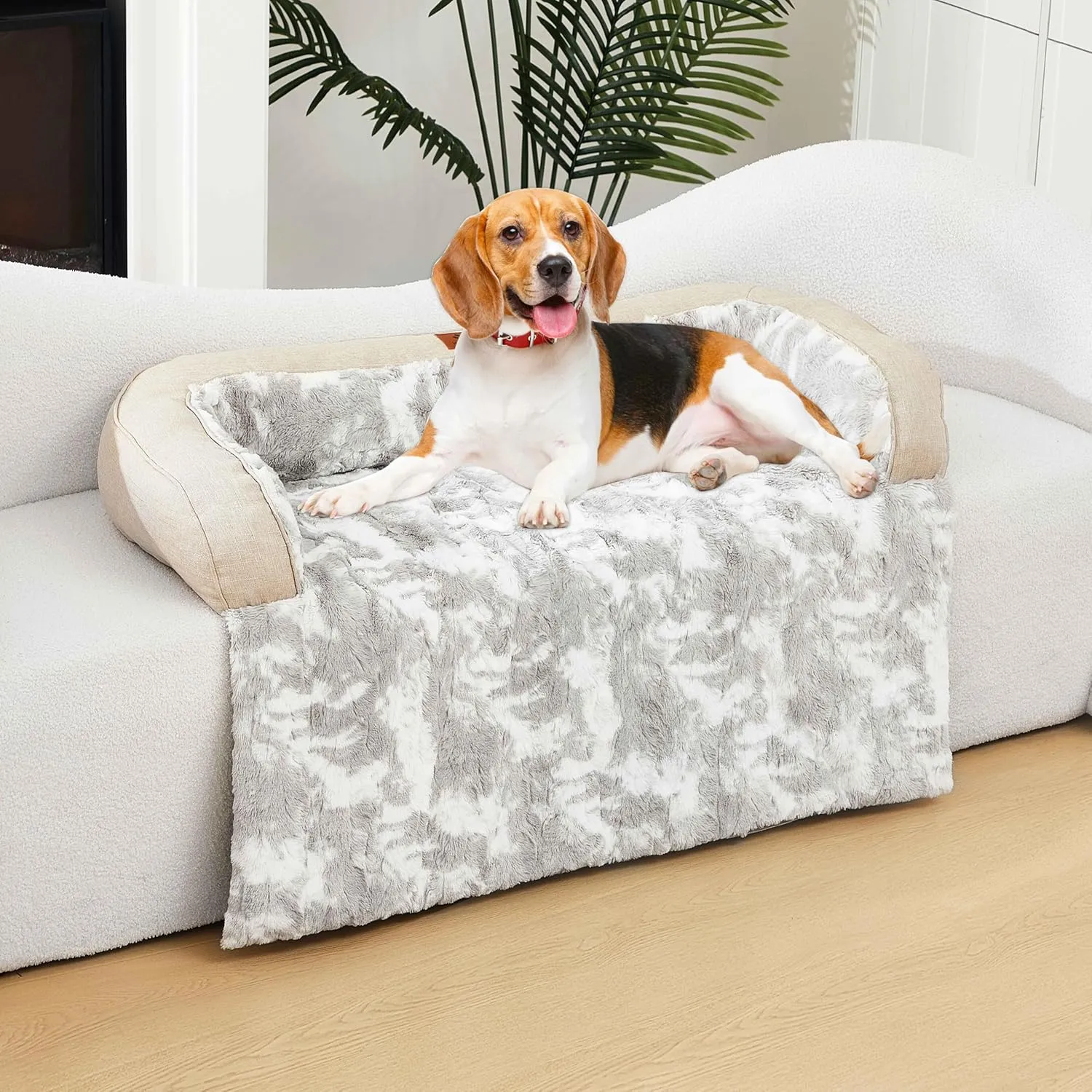 Calming Dog Couch Bed Mat, 35x31 Inch Waterproof Fluffy Sofa Cover, Furniture Protector with Handle, Removable and Washable Pet Bed for Small Medium Dogs and Cats (Beige)