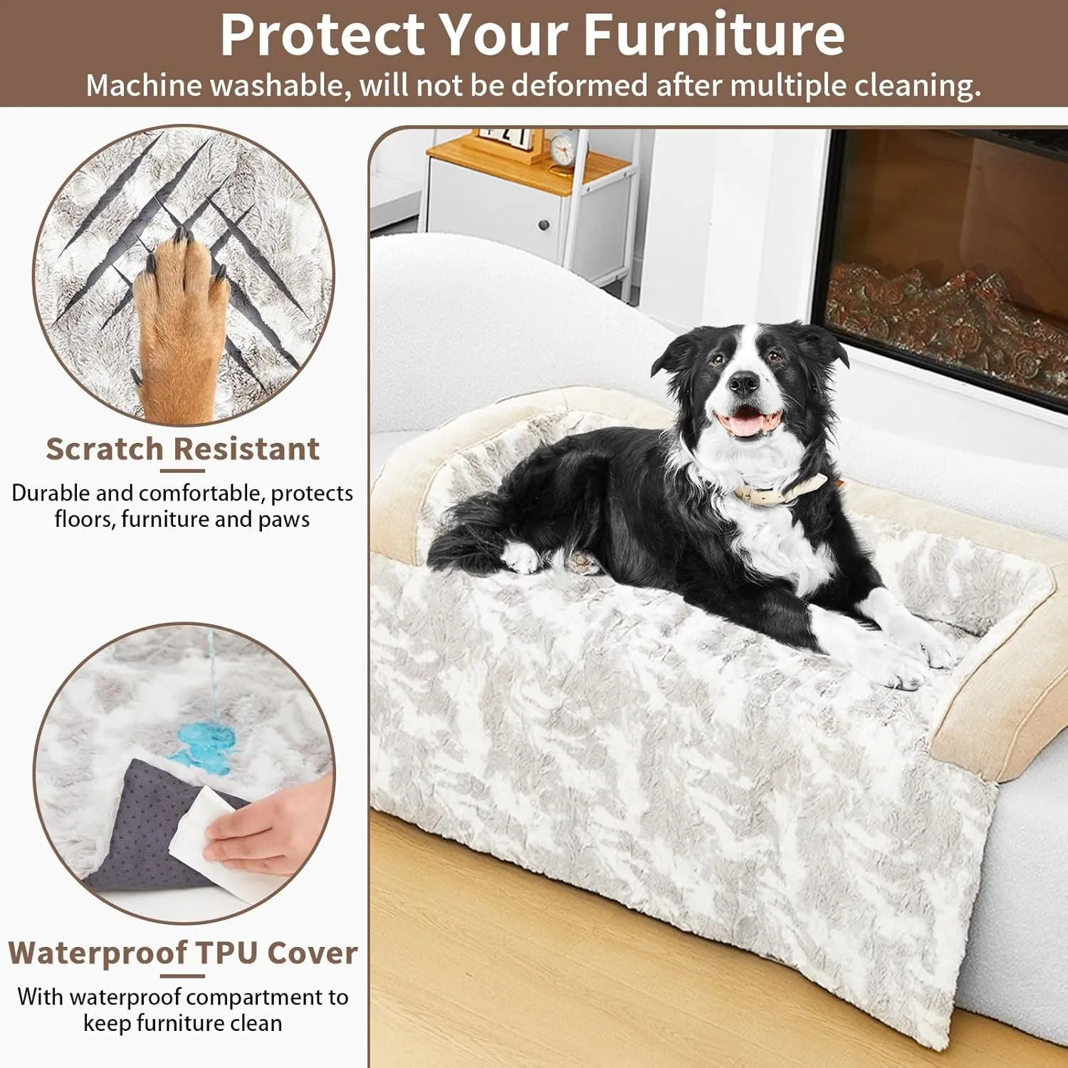 Calming Dog Couch Bed Mat, 35x31 Inch Waterproof Fluffy Sofa Cover, Furniture Protector with Handle, Removable and Washable Pet Bed for Small Medium Dogs and Cats (Beige)