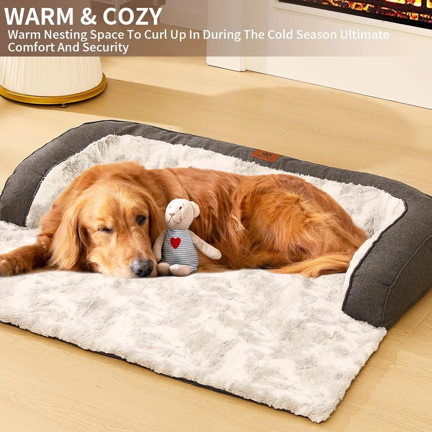 Calming Dog Couch Bed Mat, 41x37 Inch Waterproof Fluffy Sofa Cover, Furniture Protector with Handle, Removable and Washable Pet Bed for Medium Large Dogs and Cats (Grey)