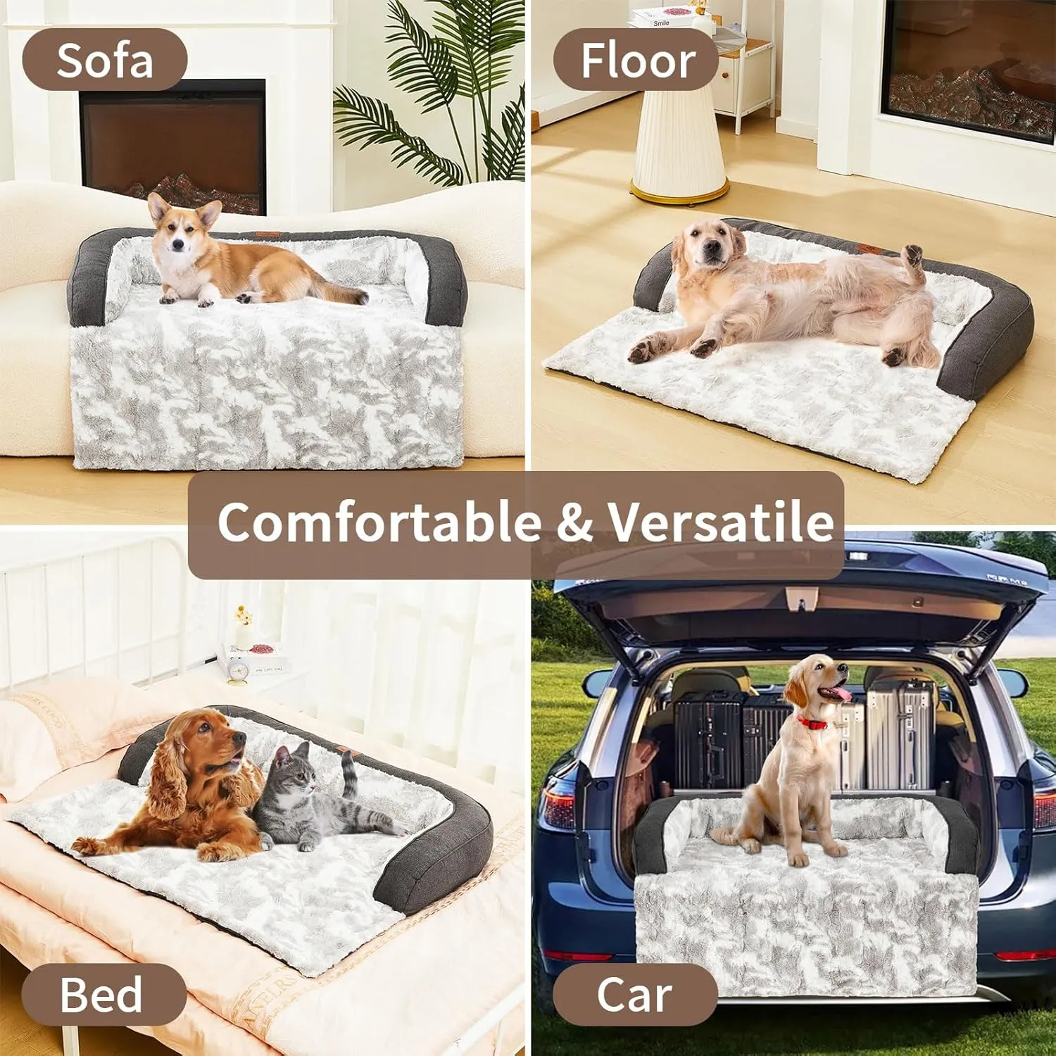 Calming Dog Couch Bed Mat, 41x37 Inch Waterproof Fluffy Sofa Cover, Furniture Protector with Handle, Removable and Washable Pet Bed for Medium Large Dogs and Cats (Grey)
