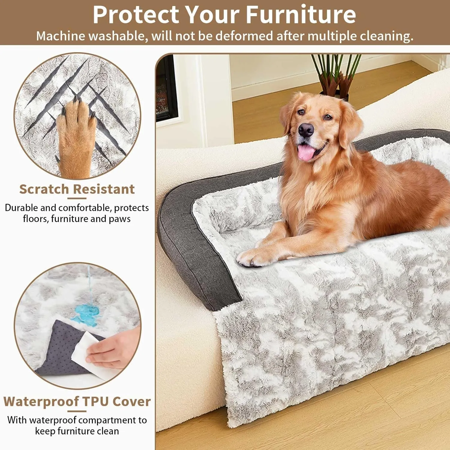 Calming Dog Couch Bed Mat, 41x37 Inch Waterproof Fluffy Sofa Cover, Furniture Protector with Handle, Removable and Washable Pet Bed for Medium Large Dogs and Cats (Grey)