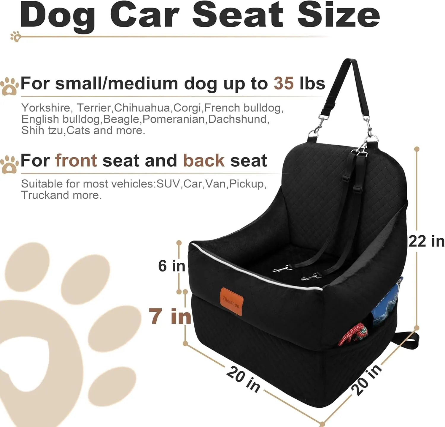 Car Dog Booster Seat,Interior Height 7 Inches Elevated for Small Dog up to 35 lbs,Pet Car Travel Safety Seat with 2 Safety Leashes,Storage Pockets,Fully Detachable and Easy to Install(Lookout-Black)