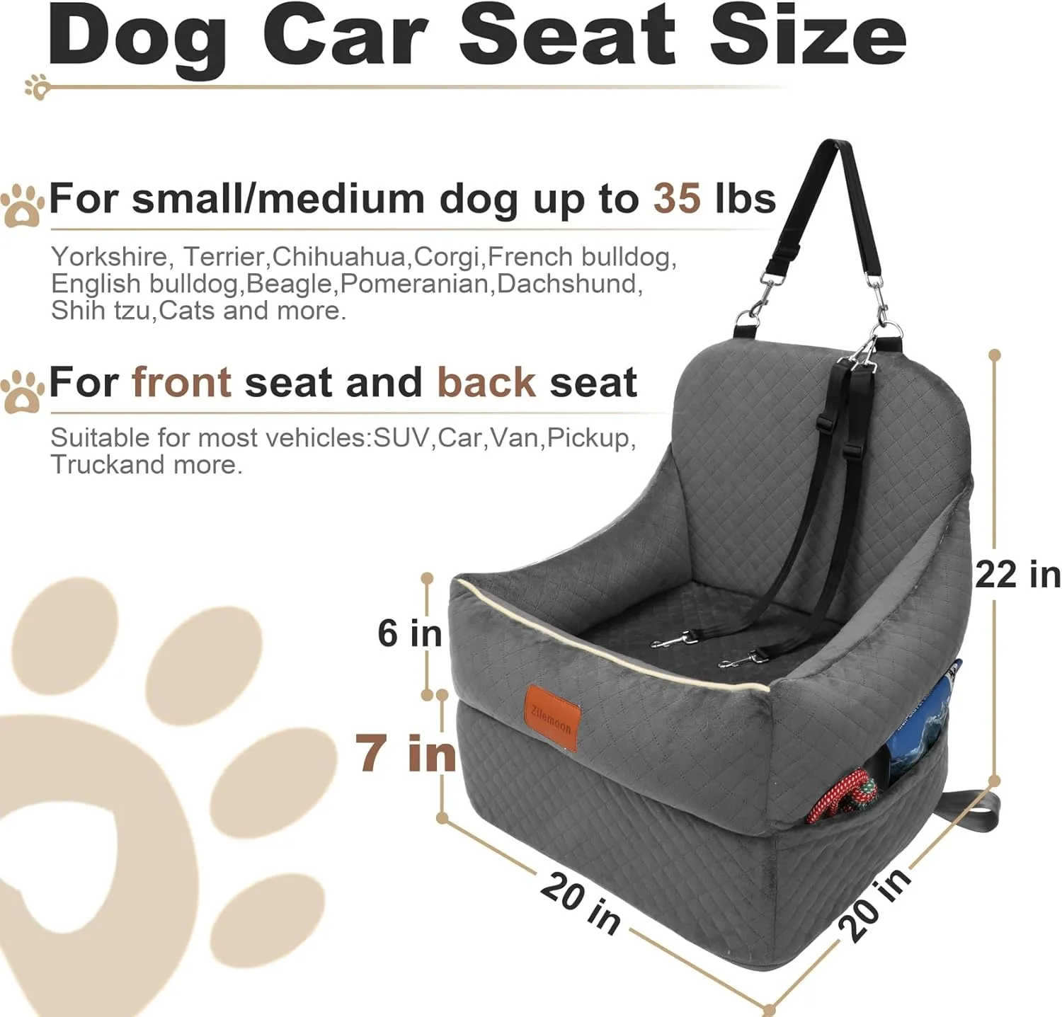 Car Dog Booster Seat,Interior Height 7 Inches Elevated for Small Dog up to 35 lbs,Pet Car Travel Safety Seat with 2 Safety Leashes,Storage Pockets,Fully Detachable and Easy to Install(Lookout-Grey)