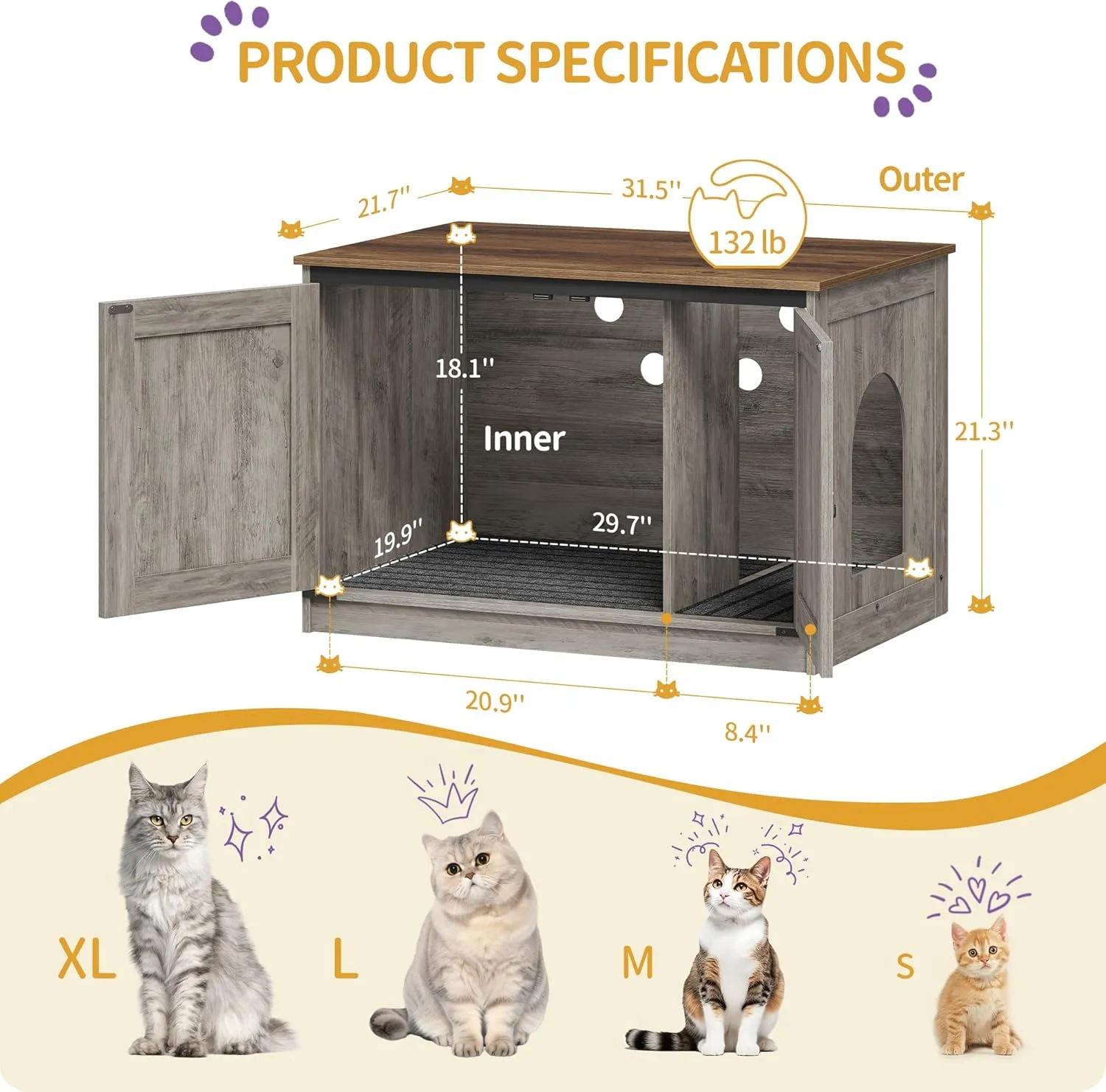 Cat Litter Box Enclosure, Hidden Litter Box Furniture with Removable Dividers, Reversible Entrance Left or Right Side, Cat House, 31.5 x 21.7 x 21.3 Inches, Light Ivory and Brown CB84605X