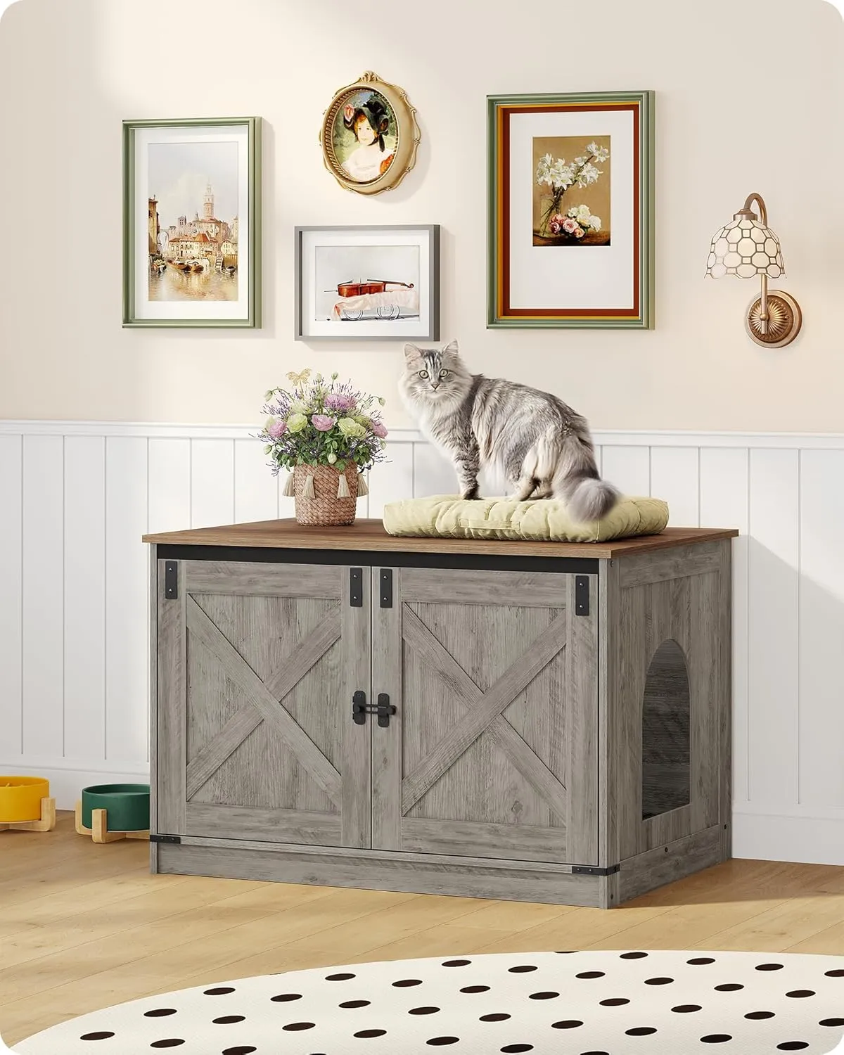 Cat Litter Box Enclosure, Hidden Litter Box Furniture with Removable Dividers, Reversible Entrance Left or Right Side, Cat House, 31.5 x 21.7 x 21.3 Inches, Light Ivory and Brown CB84605X