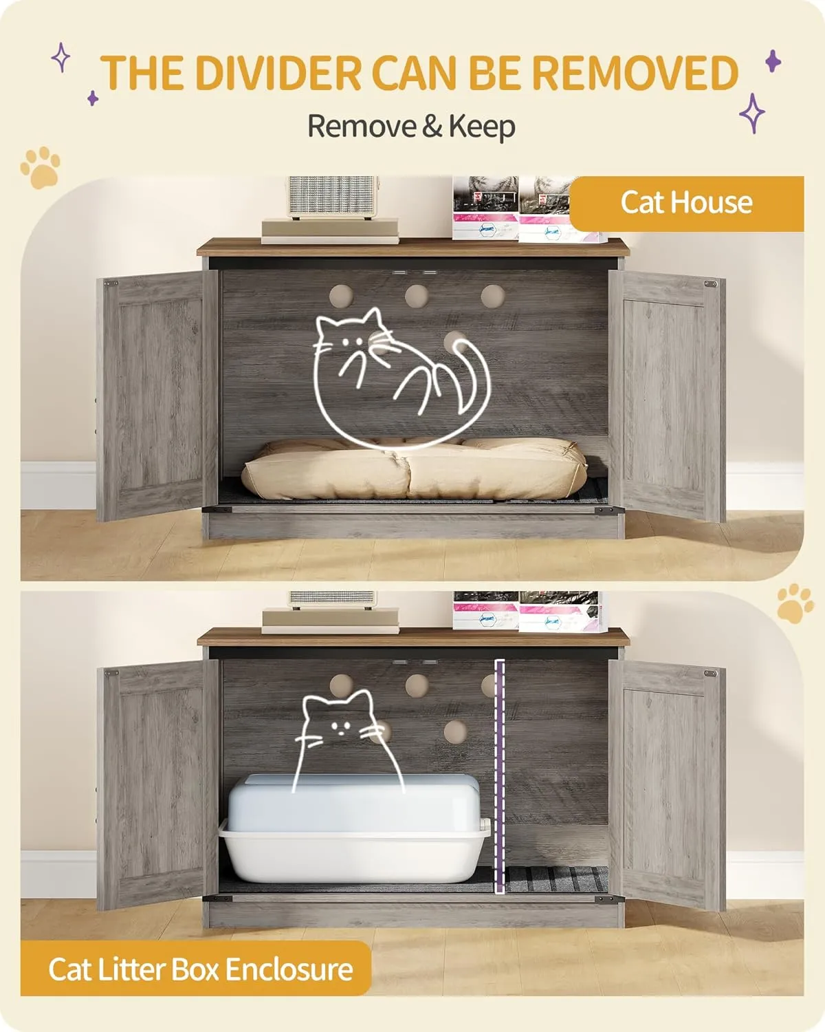 Cat Litter Box Enclosure, Hidden Litter Box Furniture with Removable Dividers, Reversible Entrance Left or Right Side, Cat House, 31.5 x 21.7 x 21.3 Inches, Light Ivory and Brown CB84605X