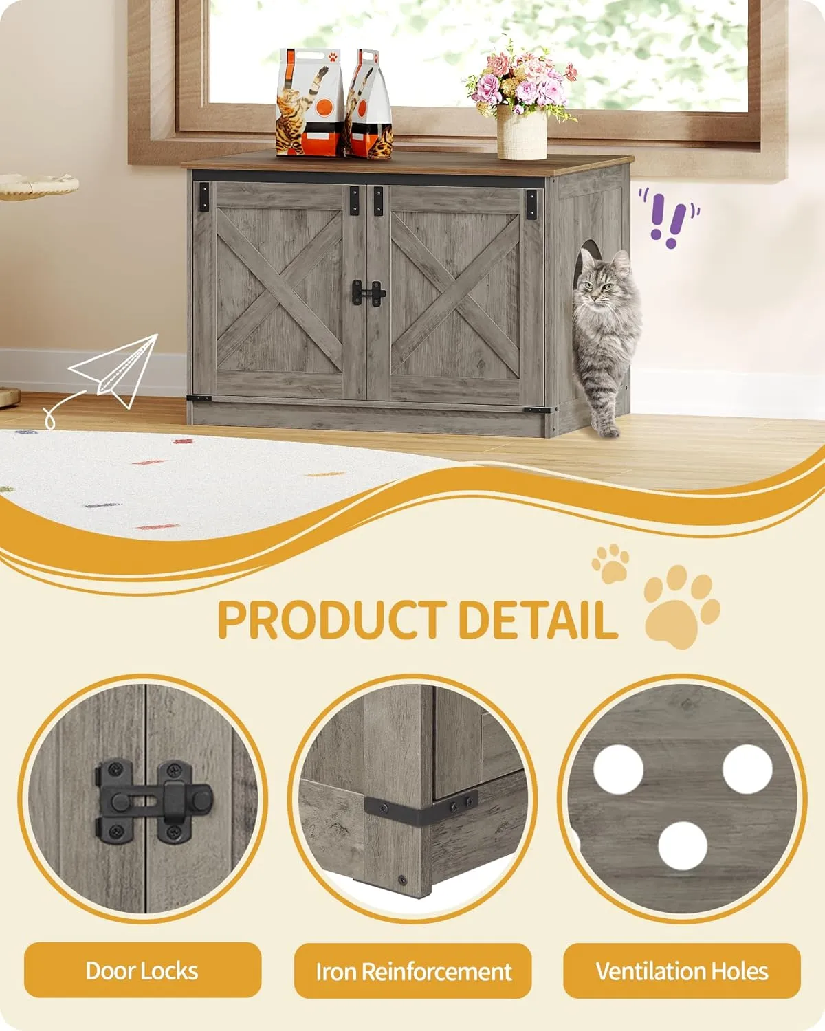 Cat Litter Box Enclosure, Hidden Litter Box Furniture with Removable Dividers, Reversible Entrance Left or Right Side, Cat House, 31.5 x 21.7 x 21.3 Inches, Light Ivory and Brown CB84605X
