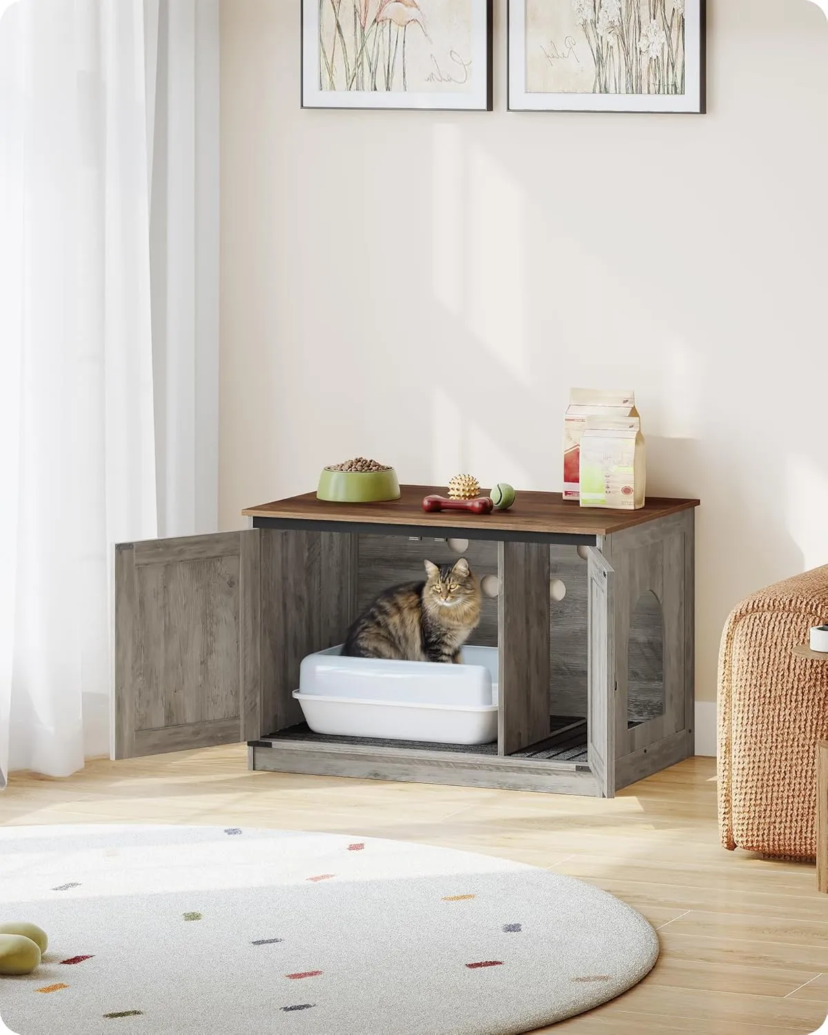 Cat Litter Box Enclosure, Hidden Litter Box Furniture with Removable Dividers, Reversible Entrance Left or Right Side, Cat House, 31.5 x 21.7 x 21.3 Inches, Light Ivory and Brown CB84605X