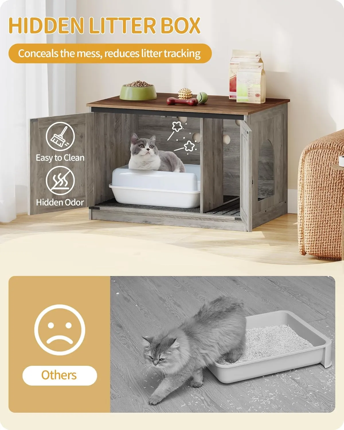 Cat Litter Box Enclosure, Hidden Litter Box Furniture with Removable Dividers, Reversible Entrance Left or Right Side, Cat House, 31.5 x 21.7 x 21.3 Inches, Light Ivory and Brown CB84605X