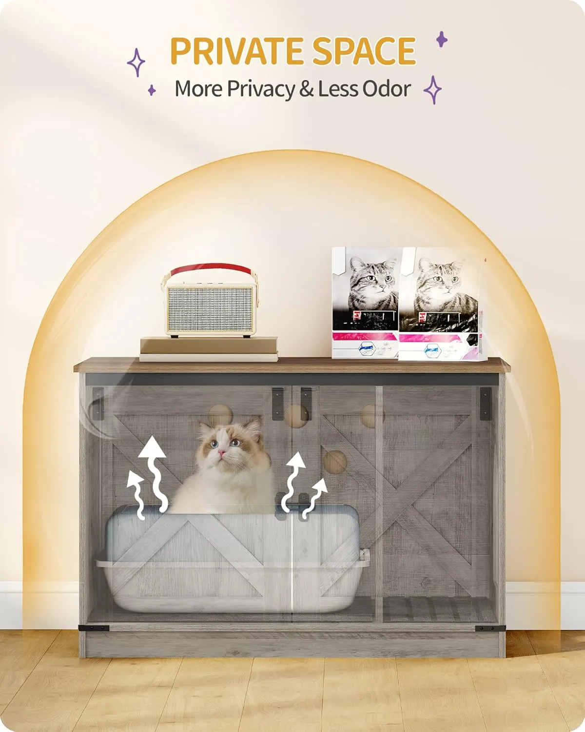 Cat Litter Box Enclosure, Hidden Litter Box Furniture with Removable Dividers, Reversible Entrance Left or Right Side, Cat House, 31.5 x 21.7 x 21.3 Inches, Light Ivory and Brown CB84605X