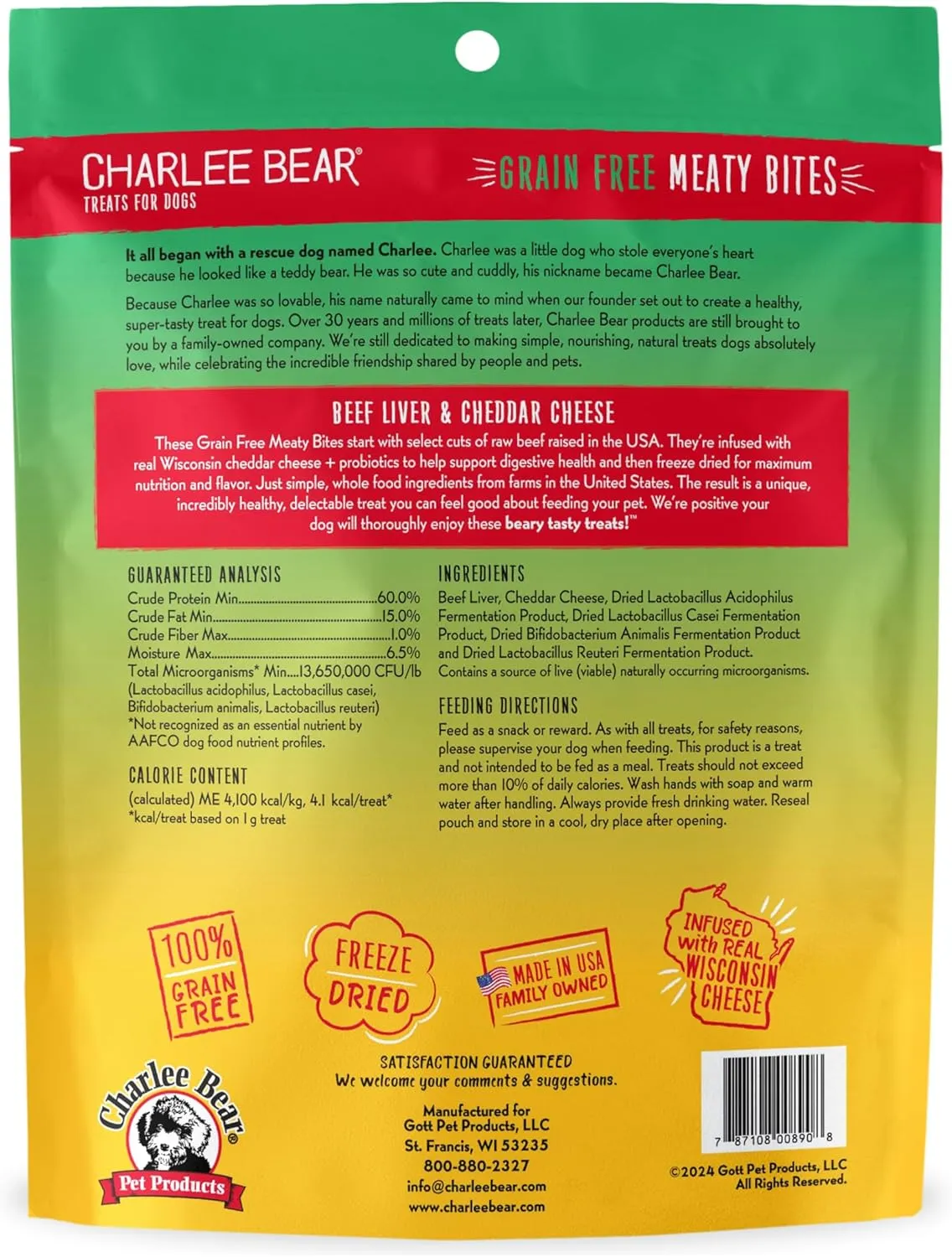 Charlee Bear Grain Free Meaty Bites Freeze Dried Dog Treats, Beef and Cheese, 2.25 Ounce Resealable Bag, Training Treats or Meal Topper Dogs, High Protein Dog Snacks, Made in USA