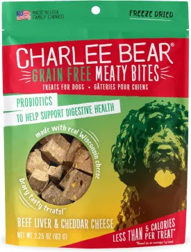 Charlee Bear Grain Free Meaty Bites Freeze Dried Dog Treats, Beef and Cheese, 2.25 Ounce Resealable Bag, Training Treats or Meal Topper Dogs, High Protein Dog Snacks, Made in USA