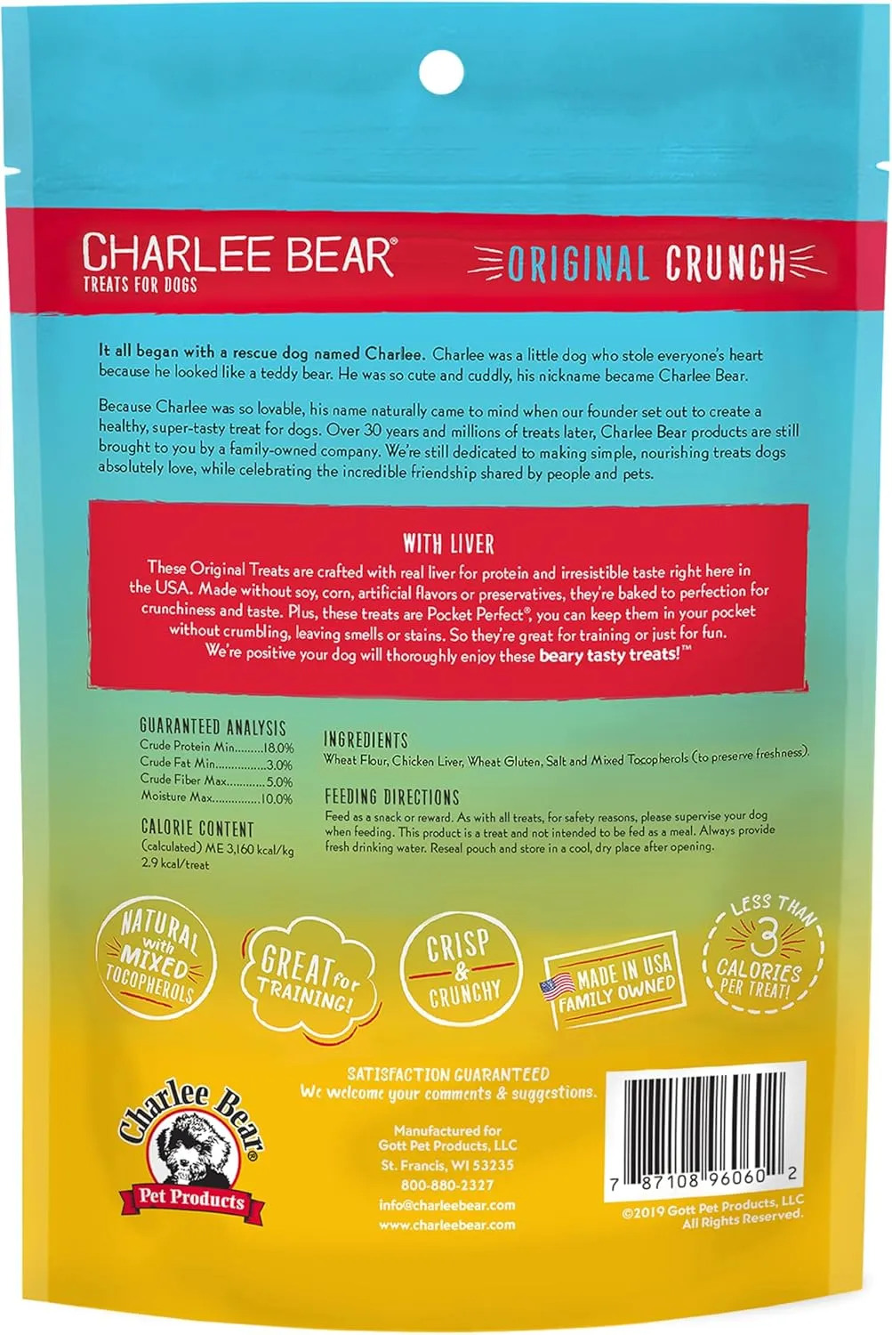 Charlee Bear Original Crunch Dog Treats, Chicken Liver, 6 Ounce Resealable Bag, Low Calorie Training Treats For Dogs, Limited Ingredient, Healthy, Crunchy Dog Snacks, Made in USA
