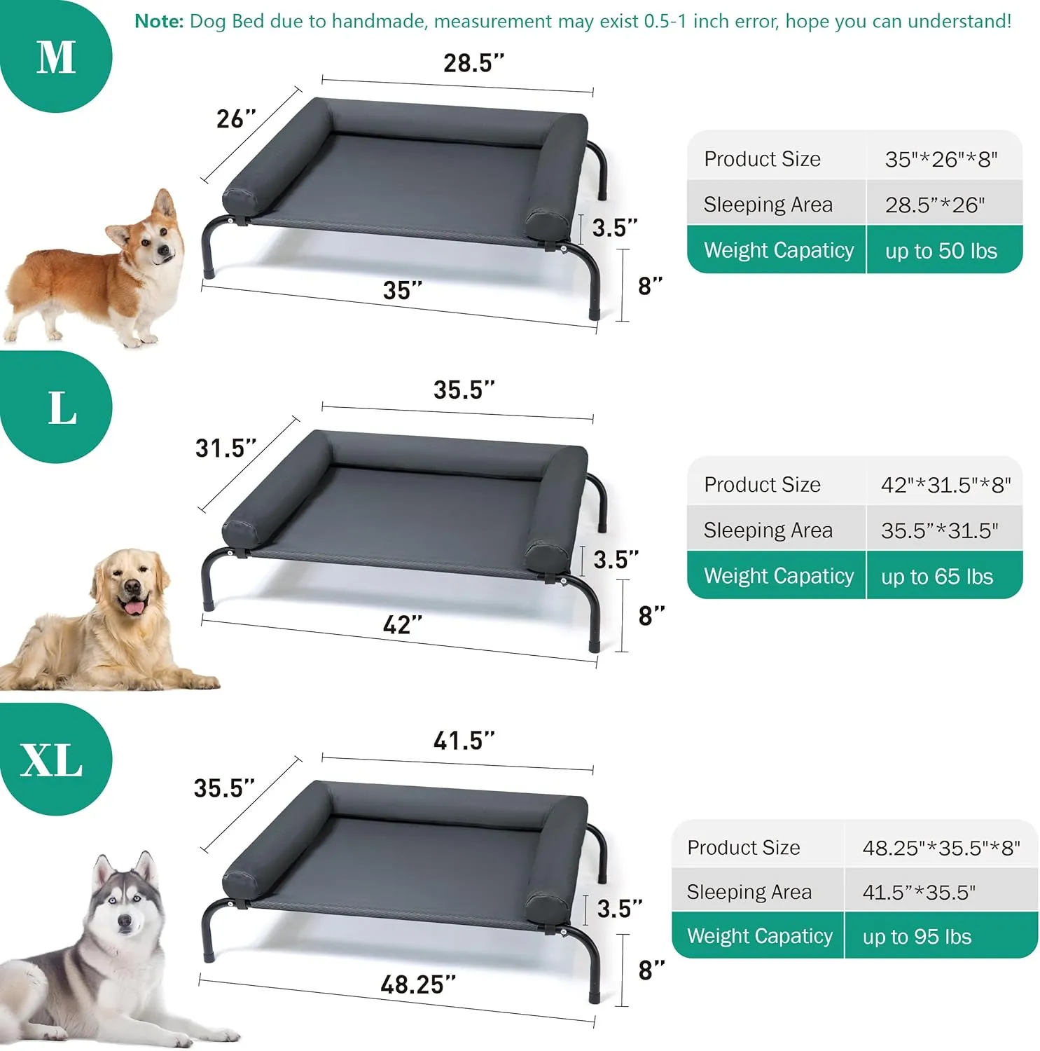 Cooling Elevated Dog Bed with Pillows,Portable Washable Raised Dog Cot Bed with Chew Proof Mesh and Metal Frame,No-Slip Rubber Feet for Indoor & Outdoor Use,XLarge,Deep Grey