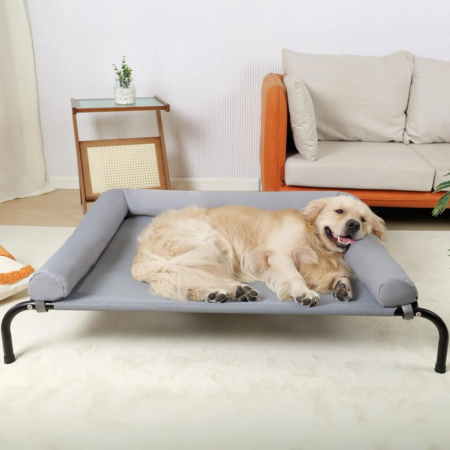 Cooling Elevated Dog Bed with Pillows,Portable Washable Raised Dog Cot with Chew Proof Mesh and Metal Frame,No-Slip Rubber Feet for Indoor & Outdoor Use,Large,Gray
