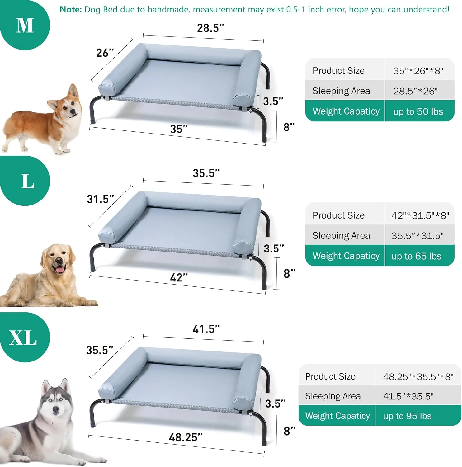 Cooling Elevated Dog Bed with Pillows,Portable Washable Raised Dog Cot with Chew Proof Mesh and Metal Frame,No-Slip Rubber Feet for Indoor & Outdoor Use,Large,Gray