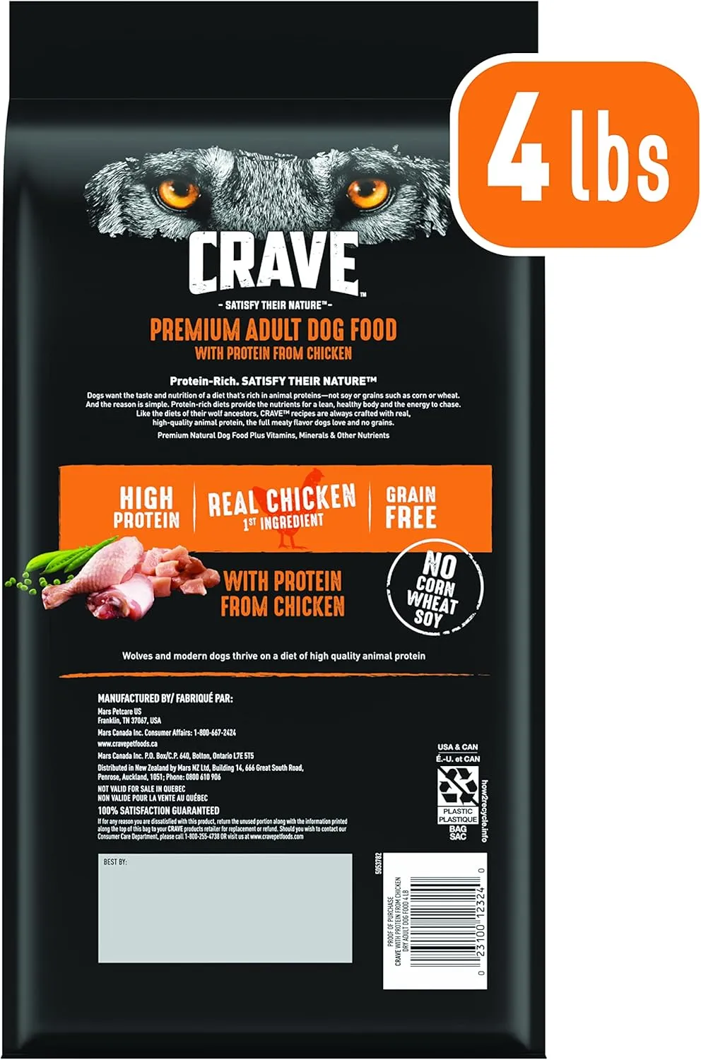 CRAVE Grain Free High Protein Adult Dry Dog Food, Chicken, 4 lb. Bag (Pack of 2)