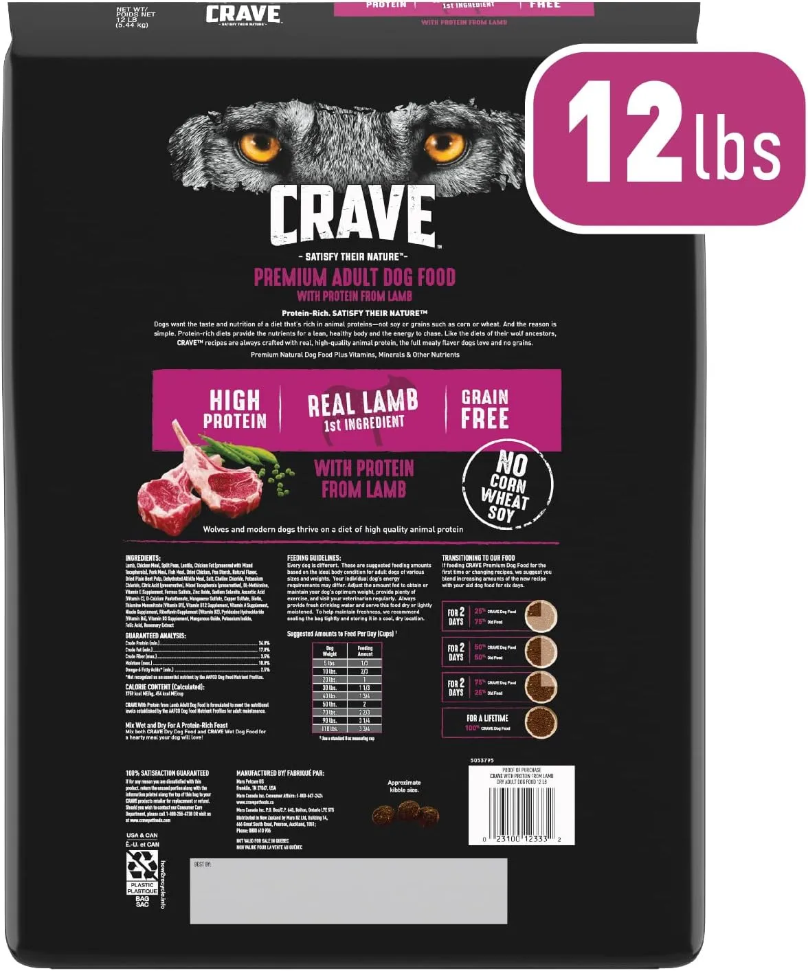 CRAVE Grain Free High Protein Adult Dry Dog Food with Lamb, 12 lb. Bag