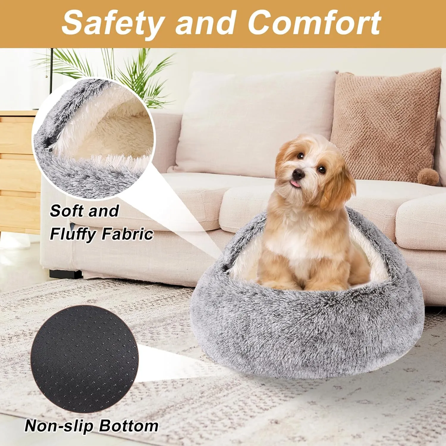 Dog Beds for Small Dogs, Cat Bed Cave, Washable Cute Cat Bed, Cozy Nook Pet Bed for Dogs or Cats, Anti-Slip Puppy Bed Fits up to 22 lbs Pets(Grey, 24" x 24")