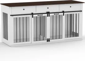 Dog Crate Indoor Furniture for 2 Dogs, 71.6'' Dog Kennel with 3 Drawers and Sliding Doors, Heavy Duty Wooden Cage for Large Medium Small, White
